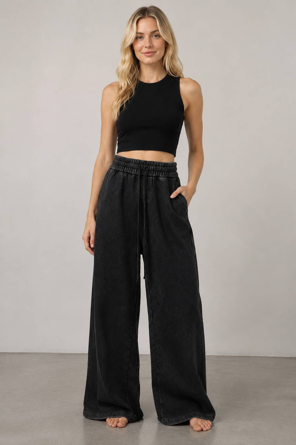 Black Mineral-Wash Wide-Leg Sweatpants