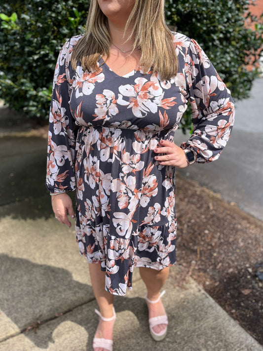 Charcoal Cream Floral Ruffle Dress