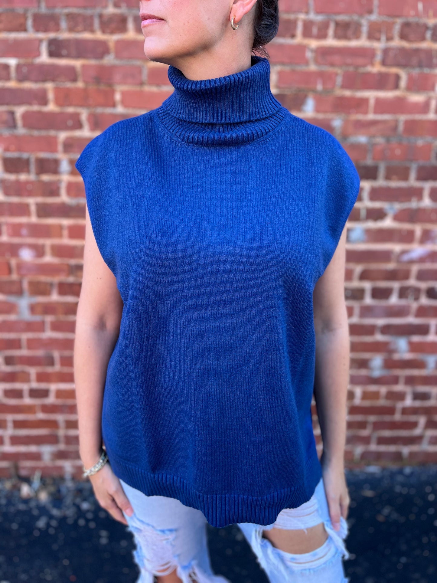 Denim Blue Turtle Neck Hi Low Hem