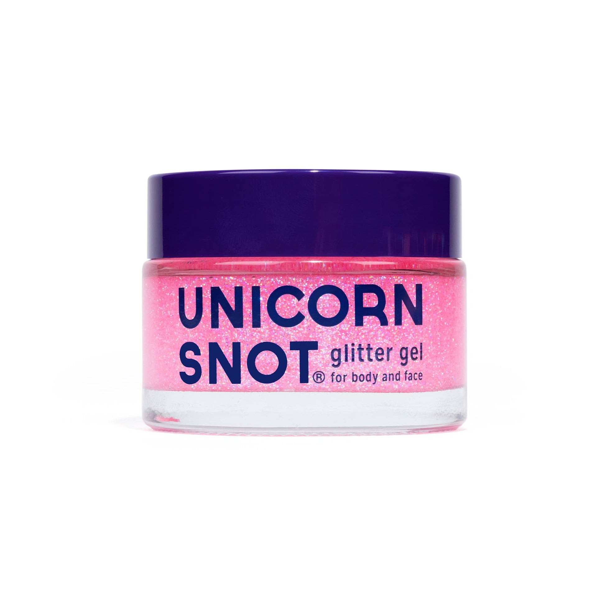 Jar of unicorn snot glitter gel with pink glittery content and purple lid on a white background