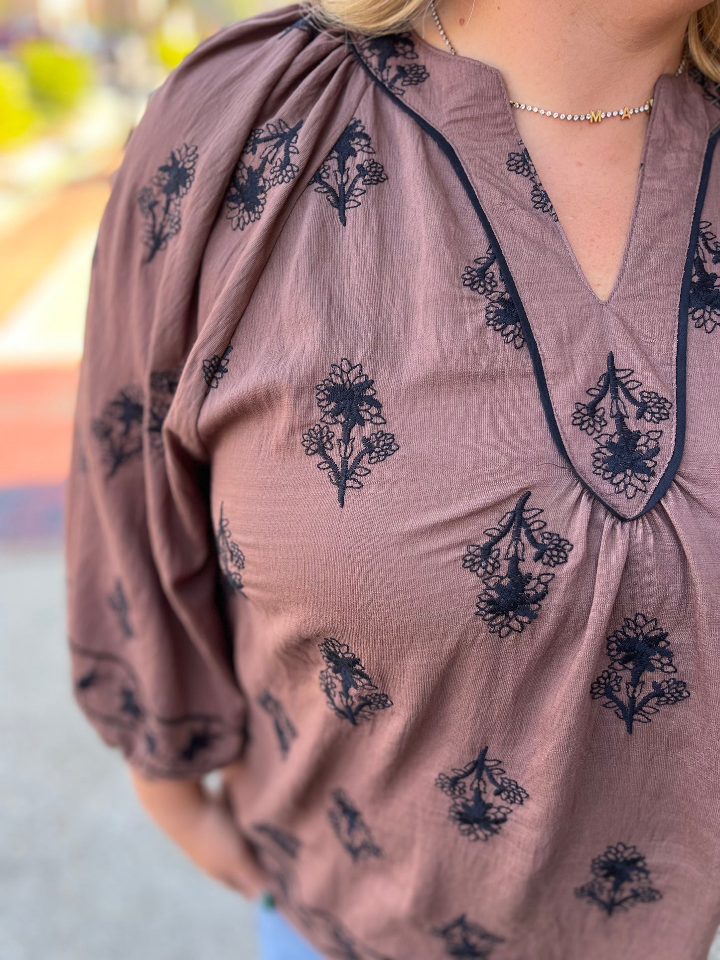 “Boho Charm” Umgee Plus Size Brown Embroidered 3/4 Sleeve Top
