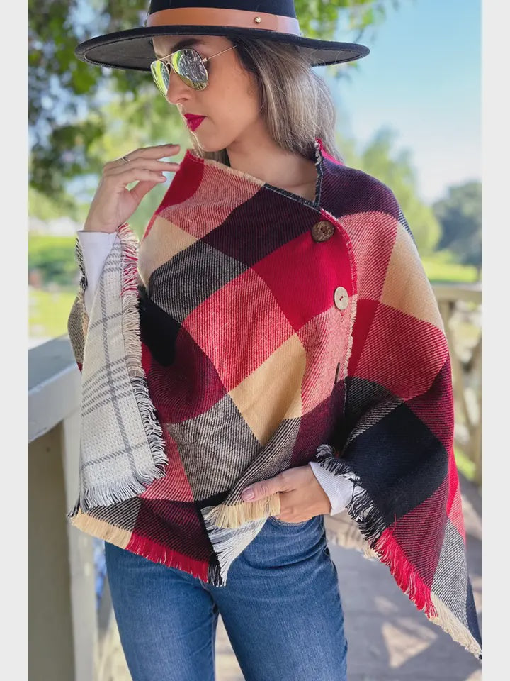 Black Red Plaid Printed Shawl Scarf Poncho with Button