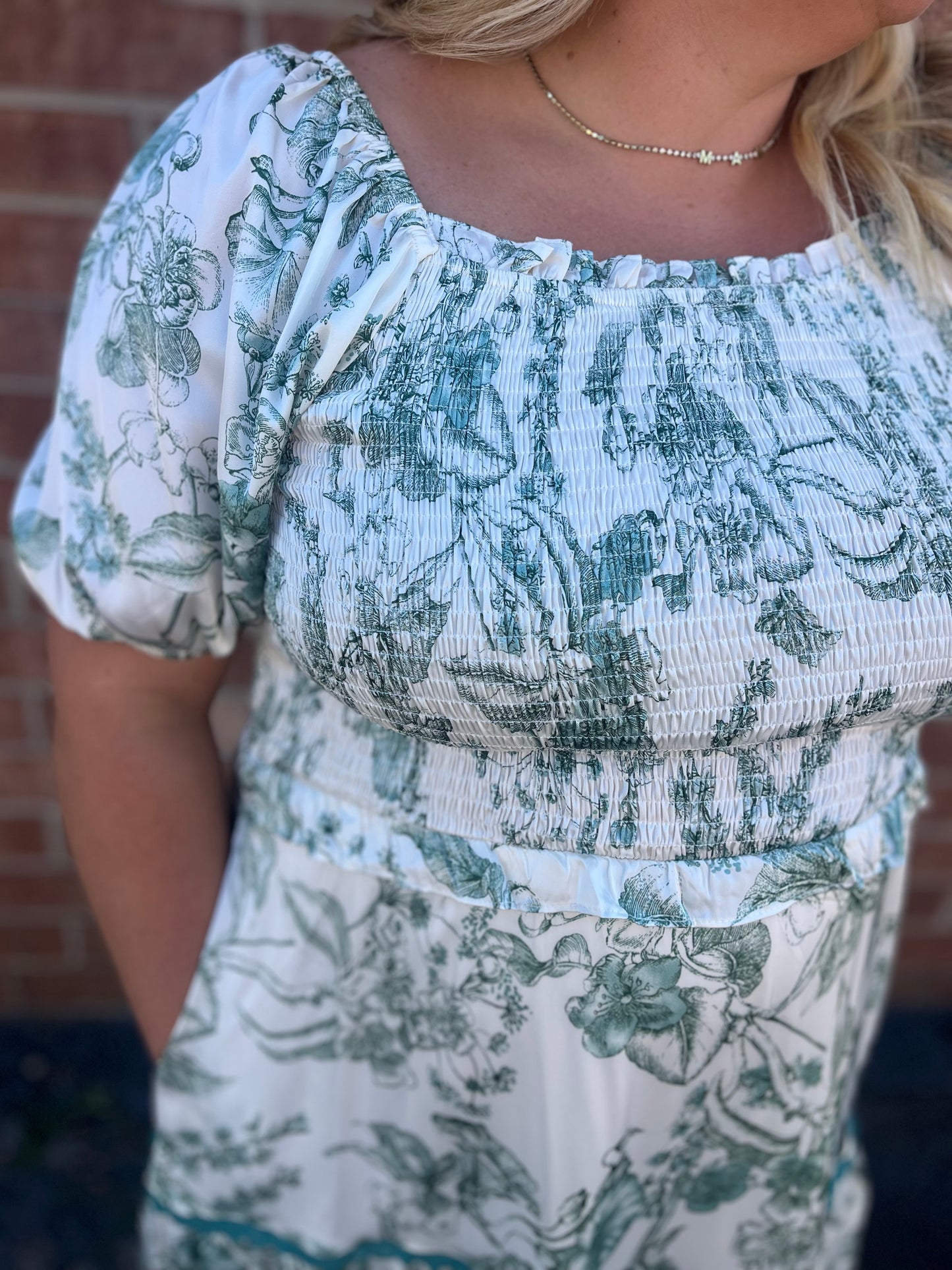 Plus Size Botanical Satin Tiered Dress with Lace Trim