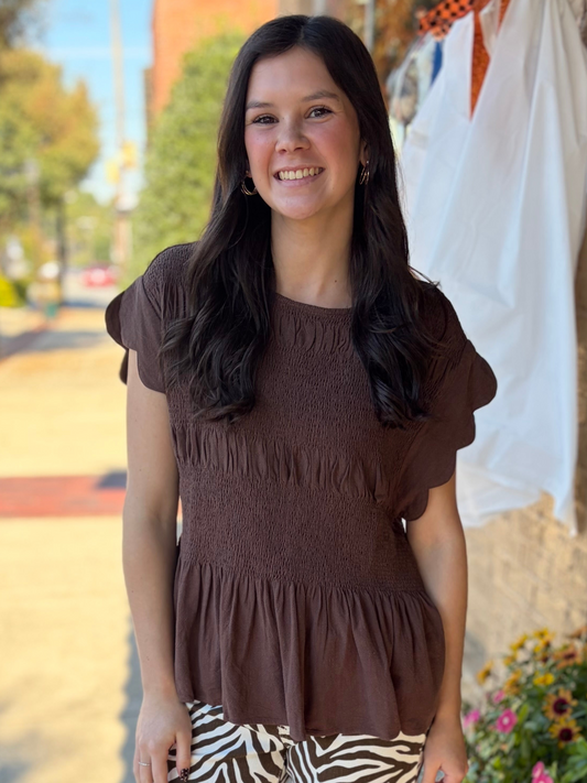 Umgee Linen Blend Smocked Peplum Top - Espresso