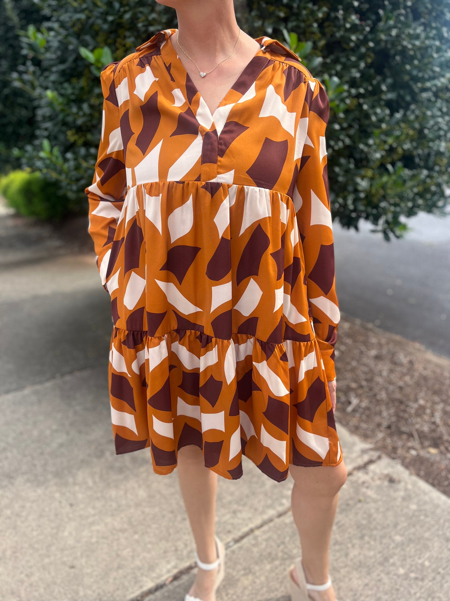 Caramel Abstract Printed Long Sleeve Dress