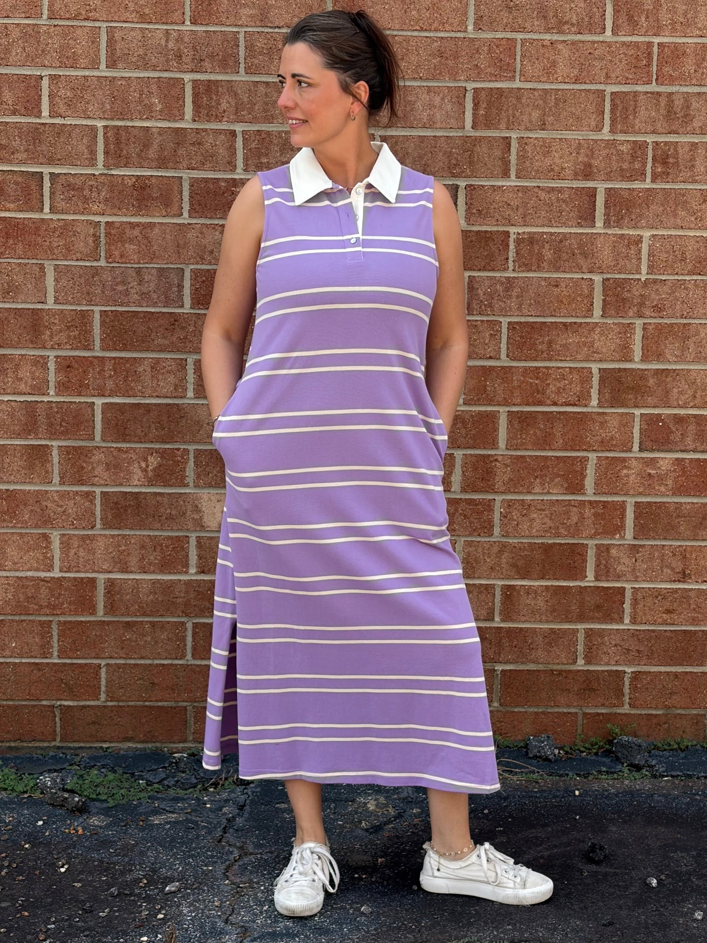 Entro Lavender Striped Sleeveless Midi Dress with Contrast Collar