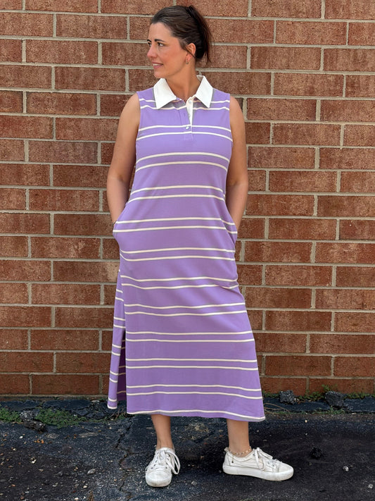 Entro Lavender Striped Sleeveless Midi Dress with Contrast Collar