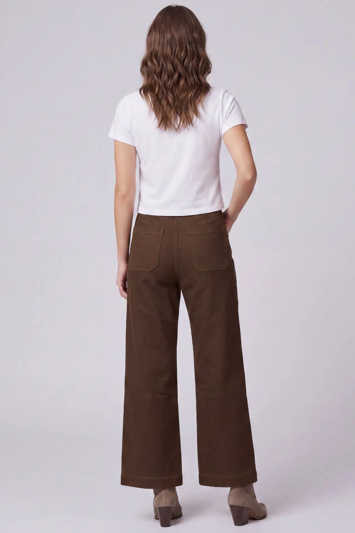 She and Sky Brown Washed Stretch Wide Leg Pants with Pockets