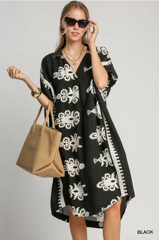 Umgee Black Abstract Print Midi Dress