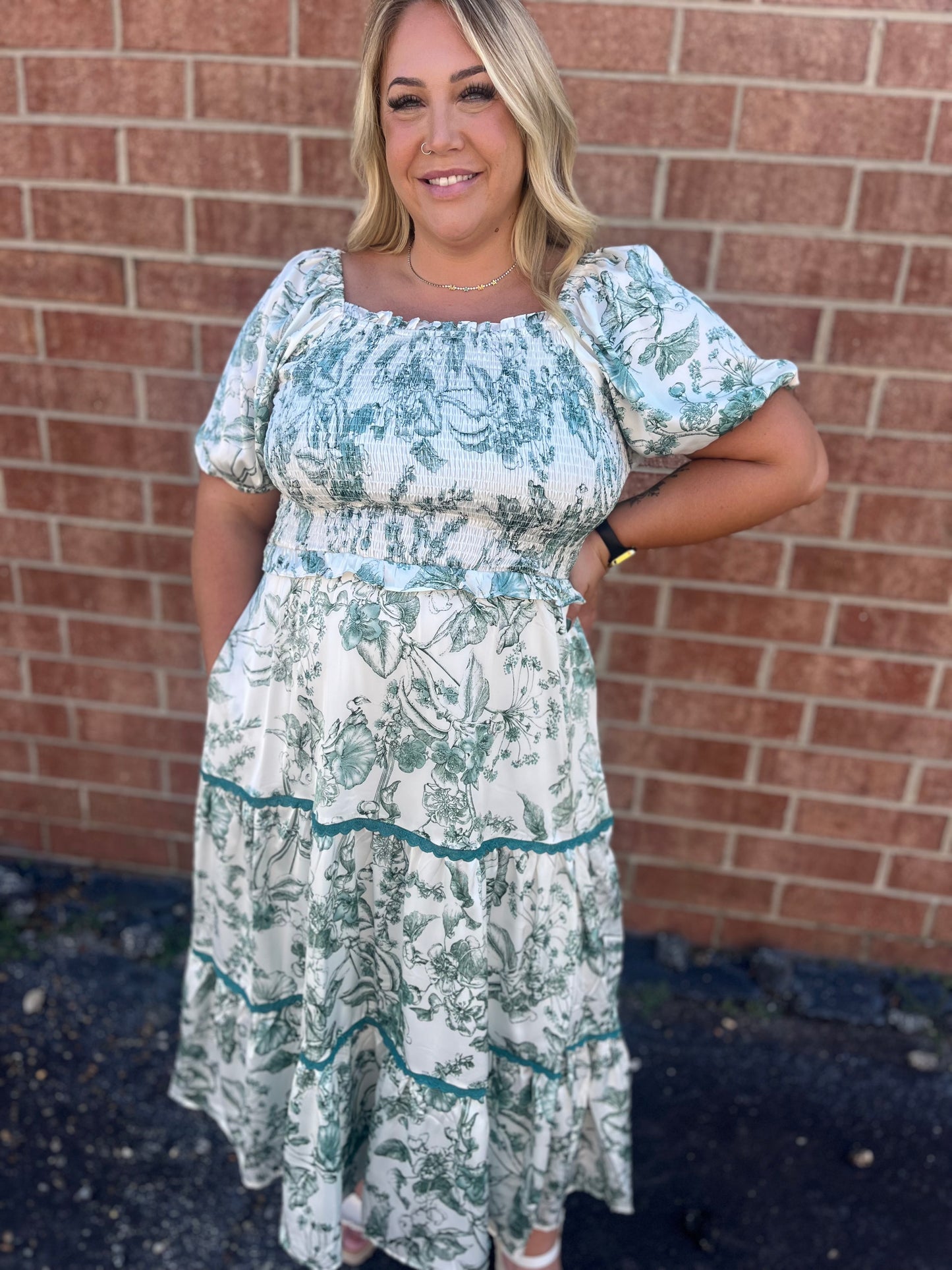 Plus Size Botanical Satin Tiered Dress with Lace Trim