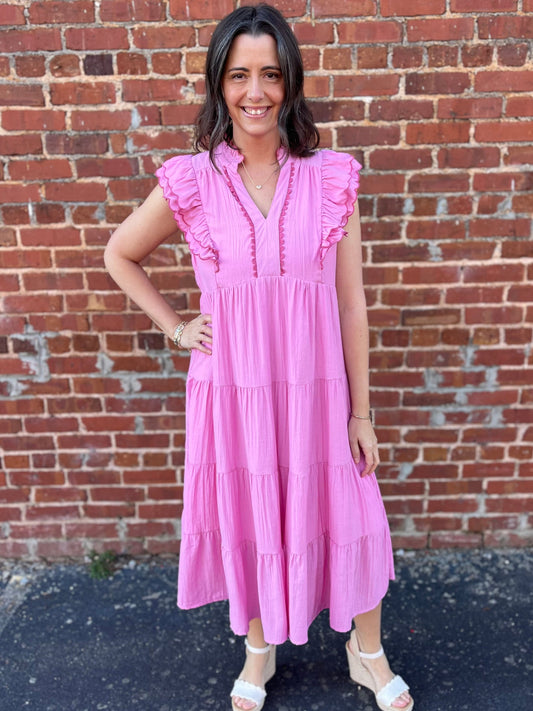 Umgee Pink Tiered Maxi Dress with Scalloped Details