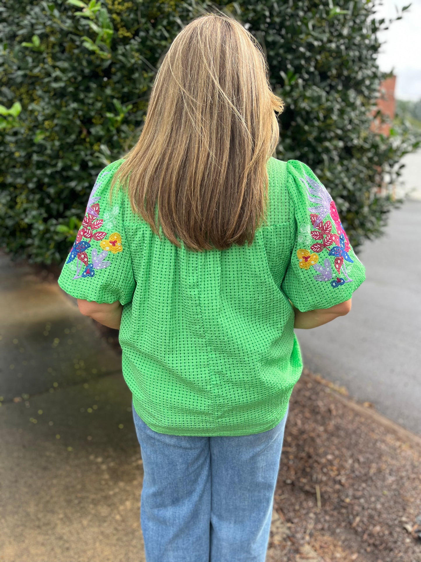 PLUS Umgee Green Ruffle Neck Top with Embroidery