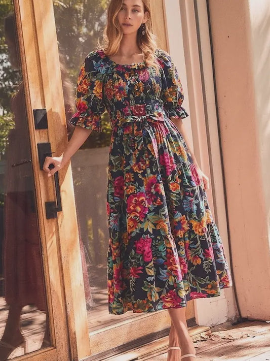 ODDI Navy Floral Smocked Waist Midi Dress