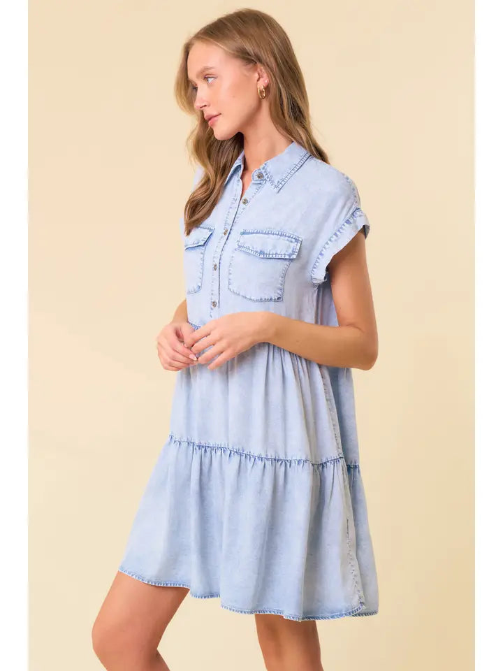 Short Sleeve Ruffled Hem Tencel Denim Dress