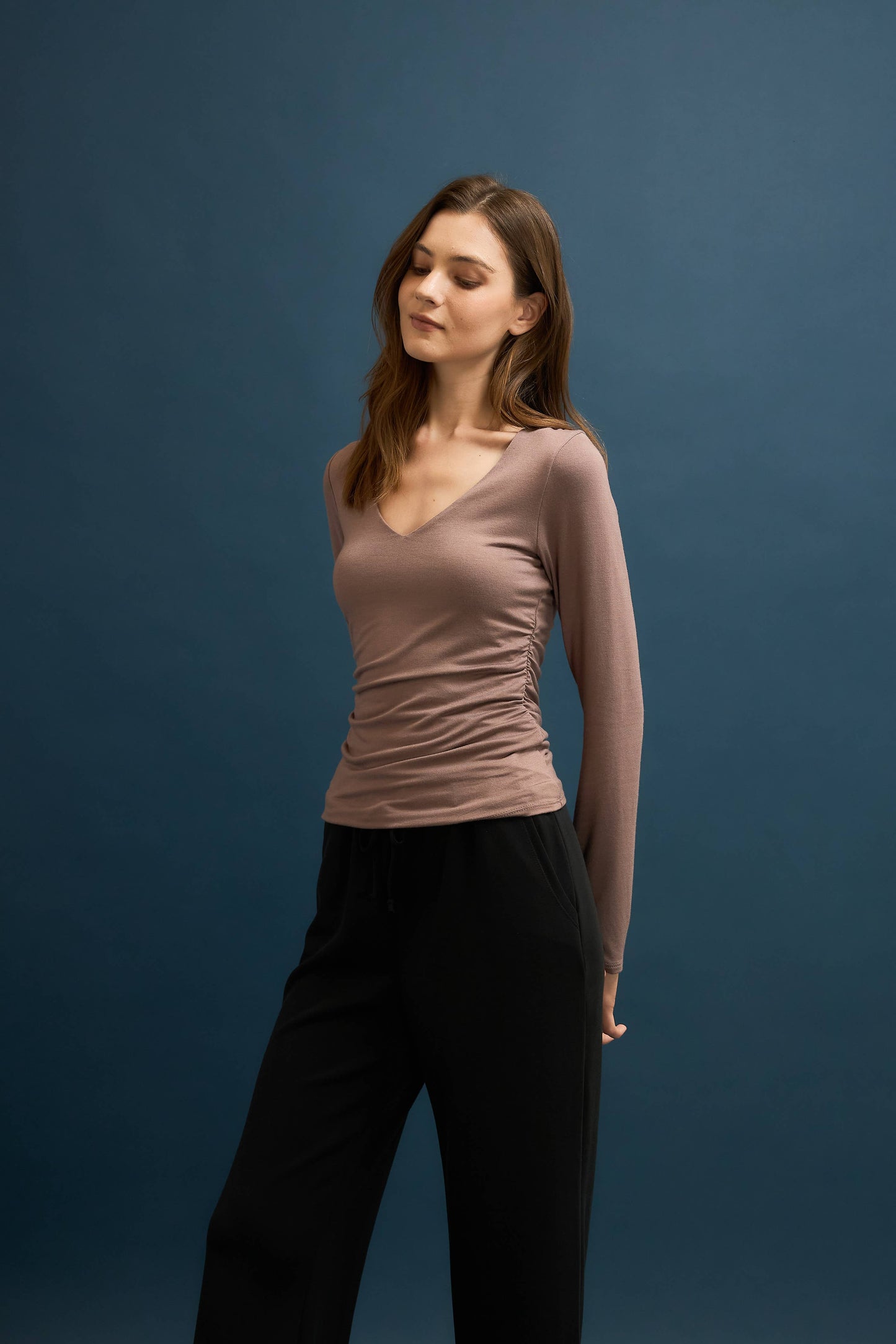 Ivory Double Layered Ruched V-Neck Long Sleeve Top