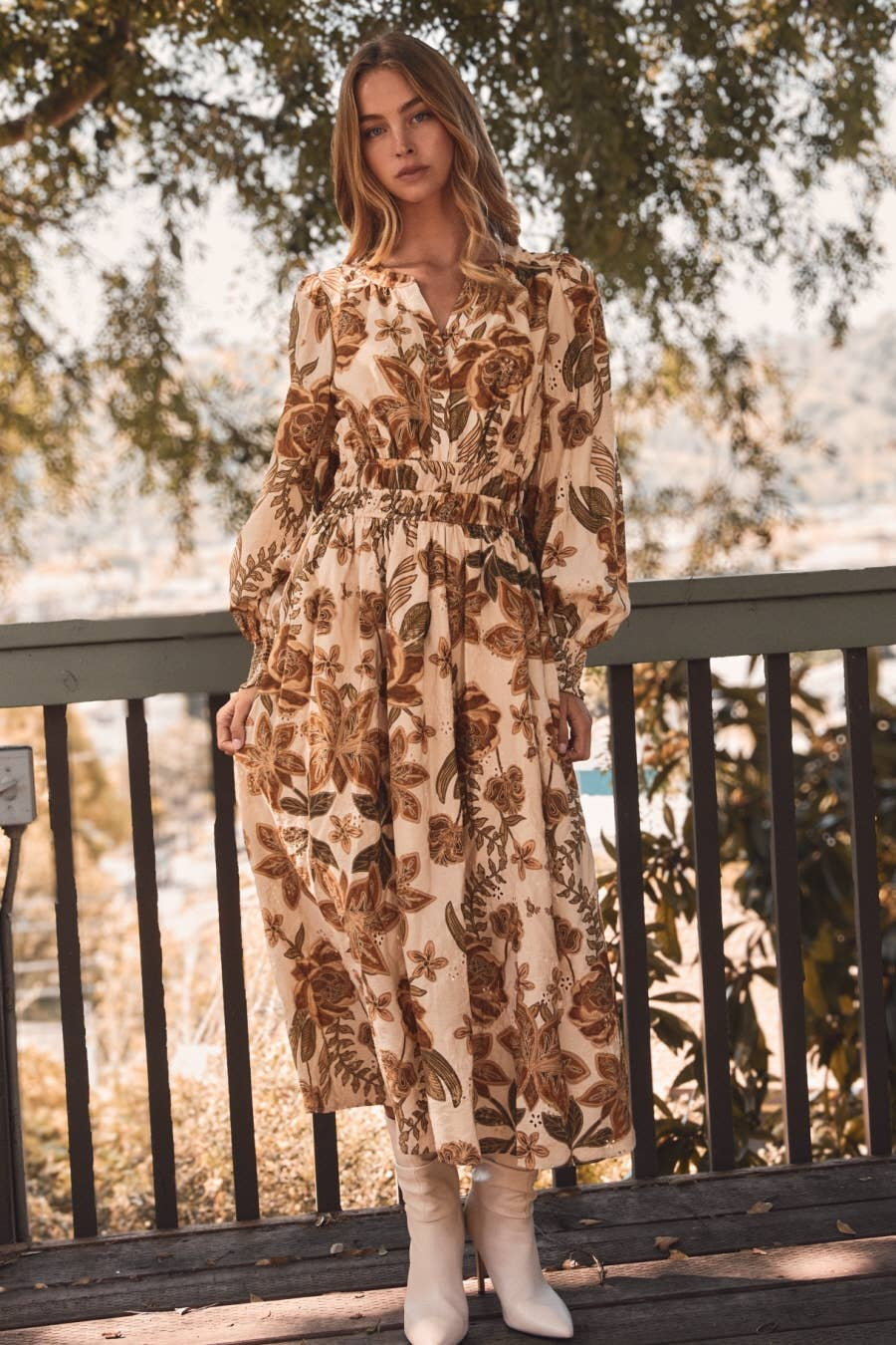 ODDI Sand Floral Print Midi Dress