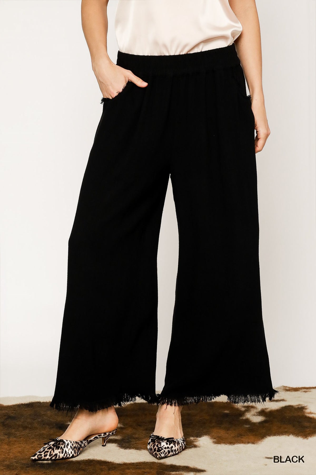 Umgee Frayed Hem Wide-Leg Pant