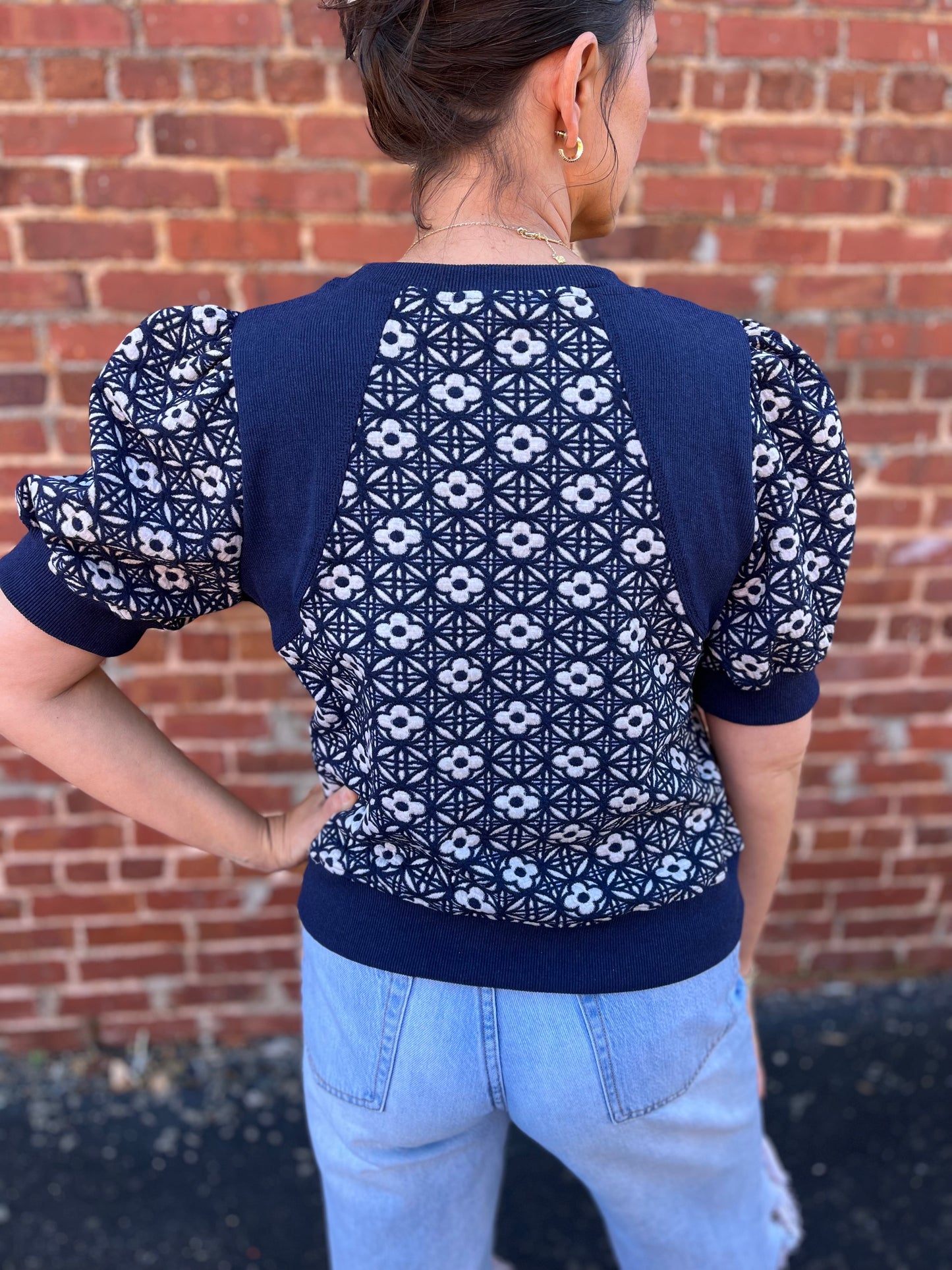 Navy Floral Jacquard Top