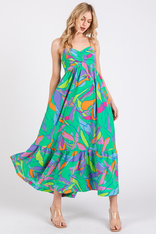 Multicolor Leaf Print Tie Back Maxi Dress