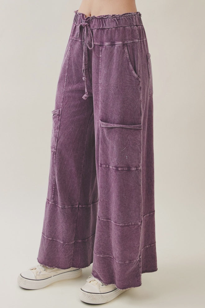 J.Her Eggplant Mineral Wash Wide Leg Pants with Raw Hem