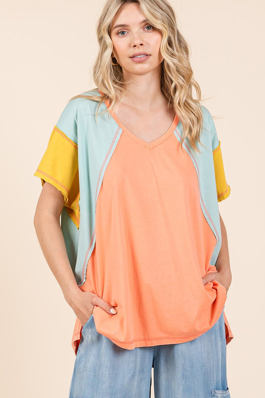 Oversized Color Block Short Sleeve Knit Top