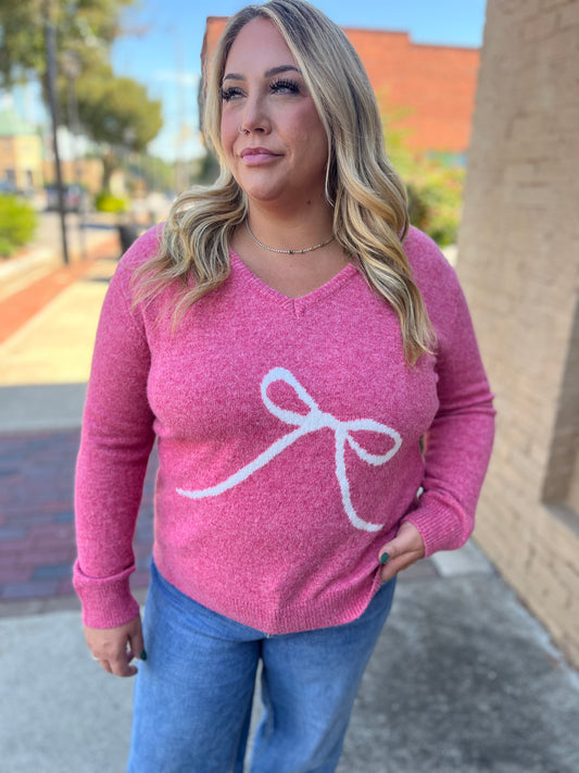 Staccato Pink Bow Print V-Neck Sweater