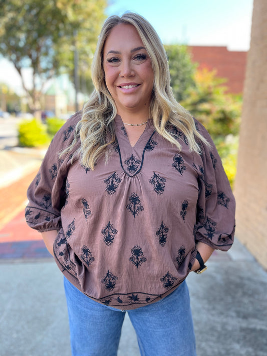 “Boho Charm” Umgee Plus Size Brown Embroidered 3/4 Sleeve Top