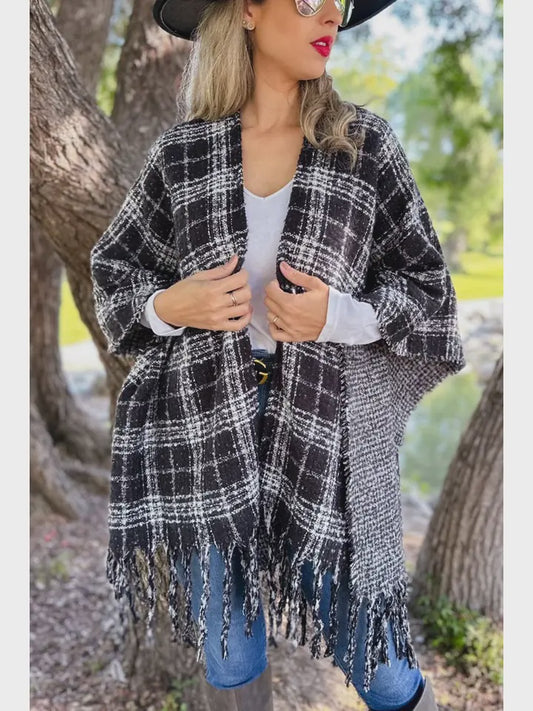 Black Plaid Printed Reversible Knit Ruana Cape Cardigan