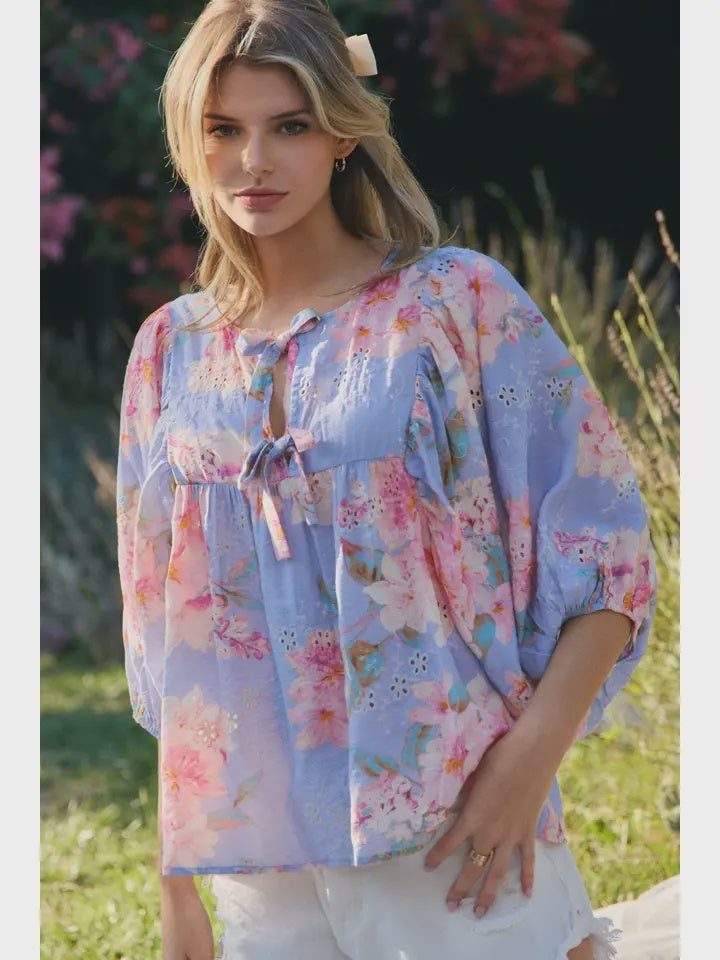 Oddi Blue & Pink Floral Peasant Blouse – Tie Front Puff Sleeve Top
