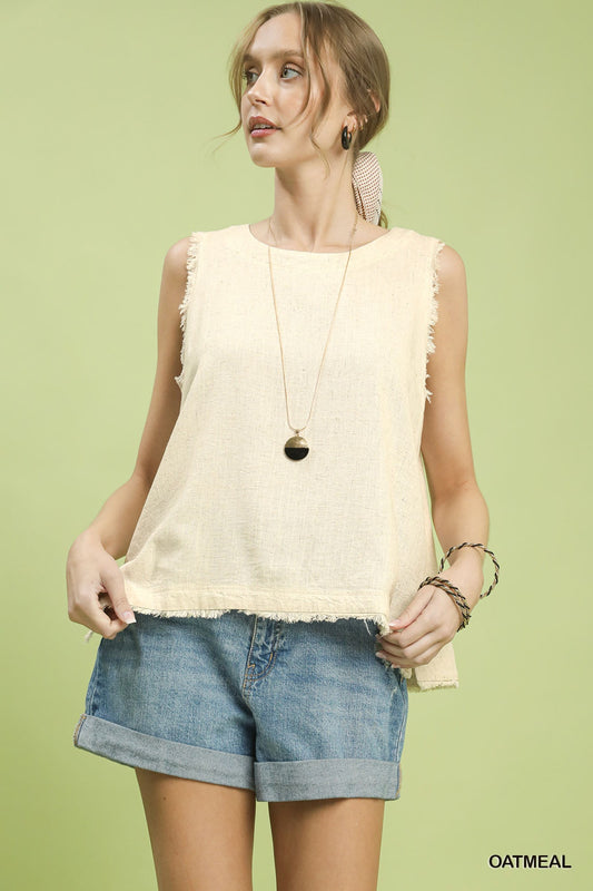 Umgee Linen Frayed Edge Sleeveless Top – Oatmeal
