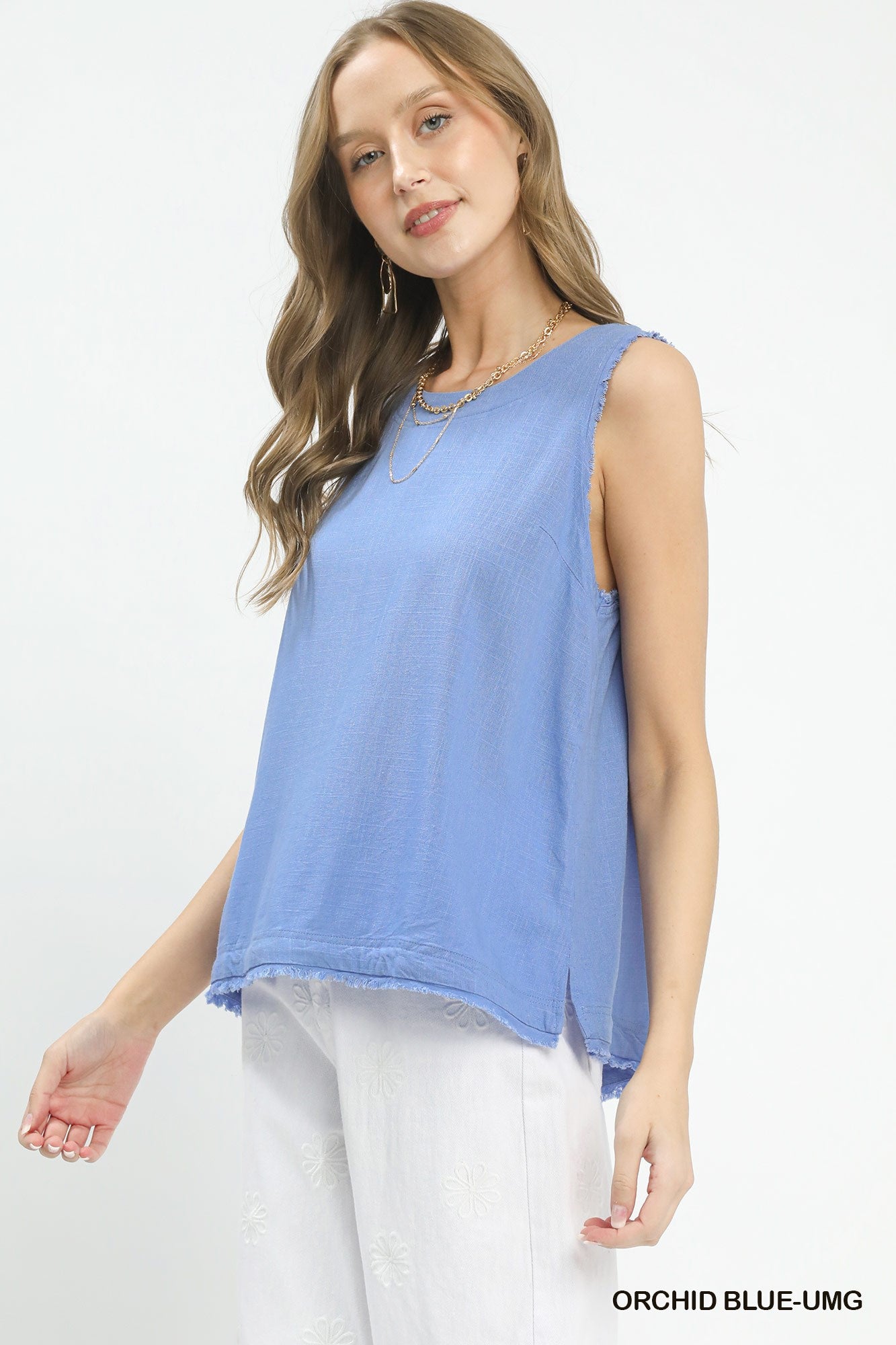 Umgee Linen Frayed Edge Sleeveless Top – Orchid Blue