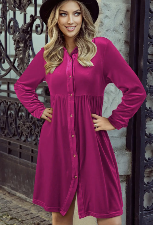 Long Sleeve Rose Velvet Button Dress