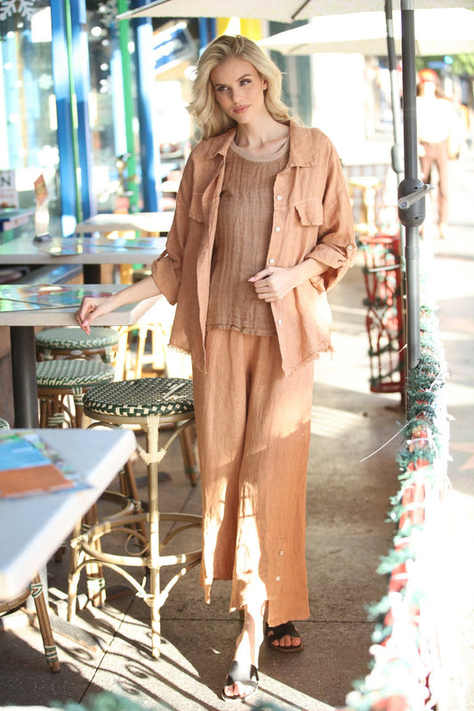 Italian Apricot Linen Ankle-Slit Button Pants