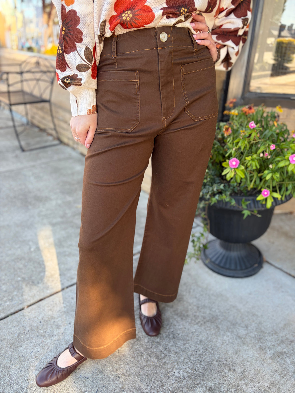She and Sky Brown Washed Stretch Wide Leg Pants with Pockets