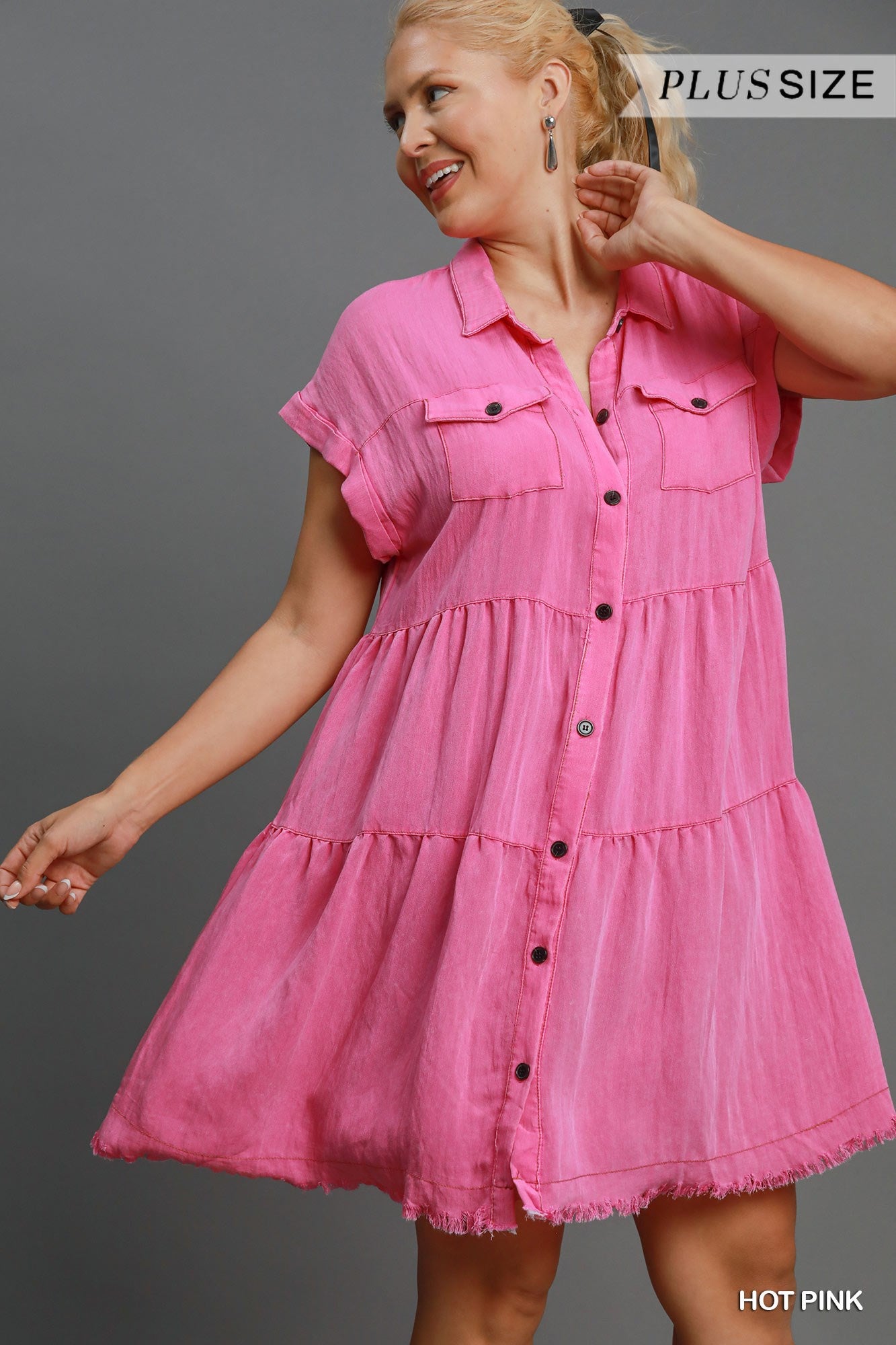 PLUS Umgee Hot Pink Snow Washed Button-Up Dress