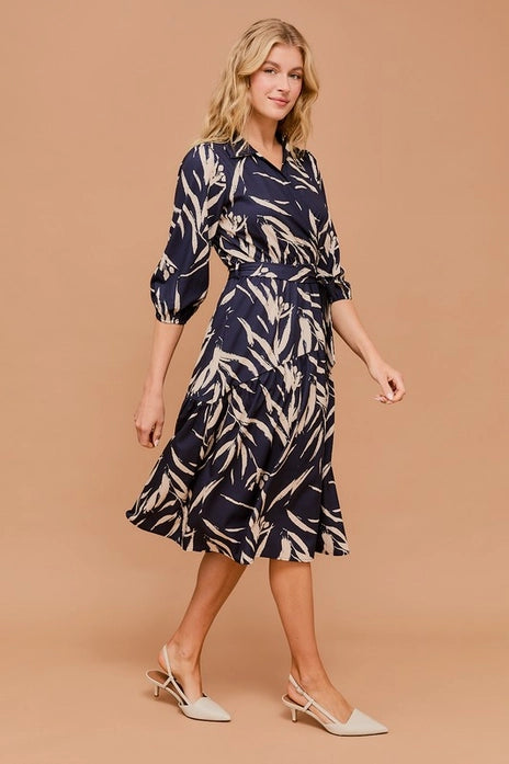 Navy Abstract Print Dress with Tie Waist