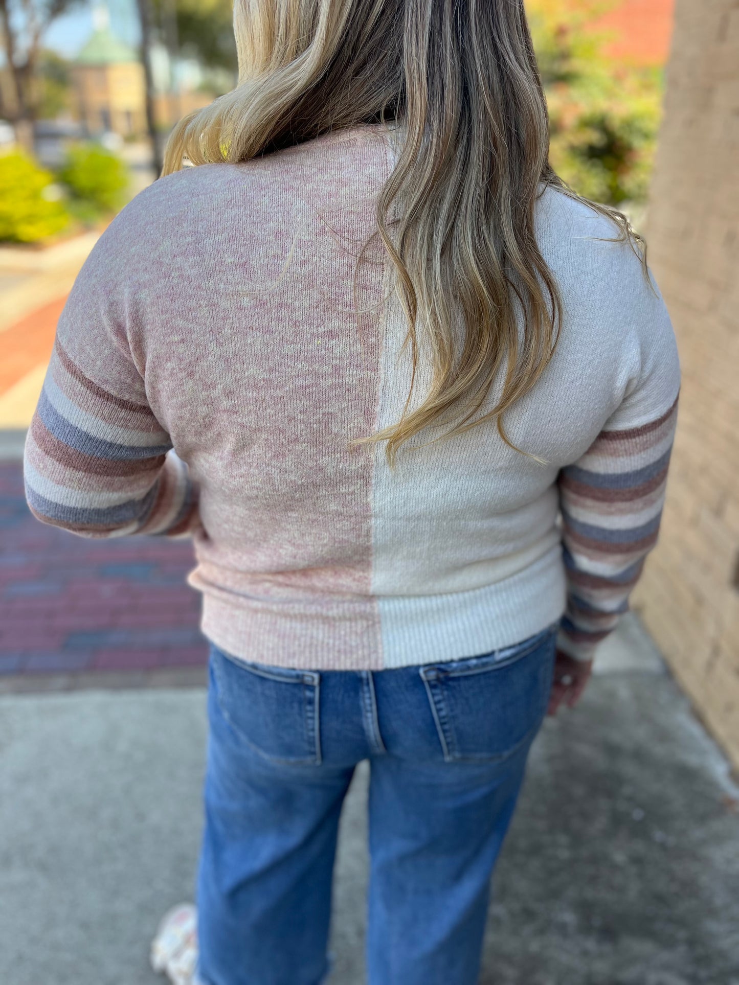 Staccato Blush Color Block Stripe V-Neck Sweater