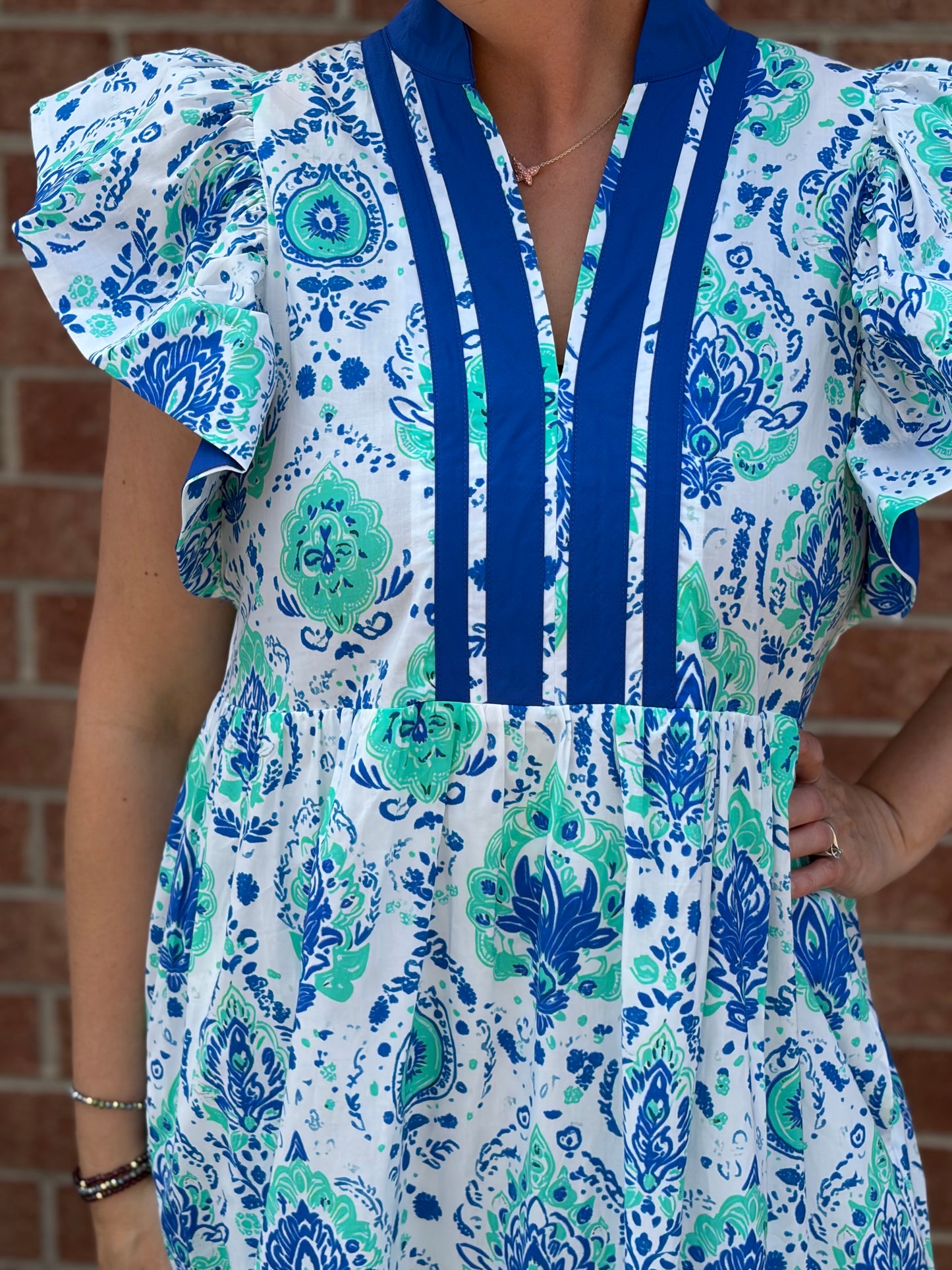 Entro Blue & Green Botanical Print Flutter Sleeve Midi Dress