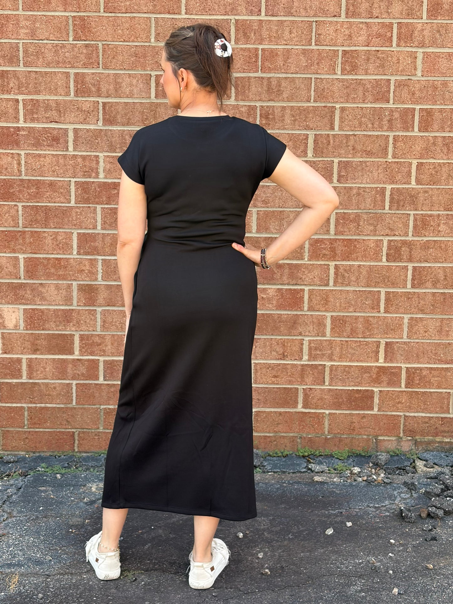 Entro Black Wrap-Style Side Tie Midi Dress