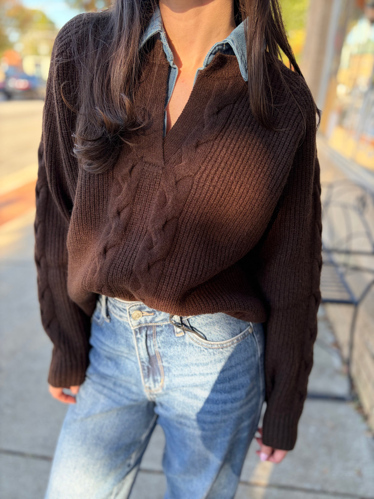She and Sky Brown Cable Knit Sweater with Washed Denim Collar