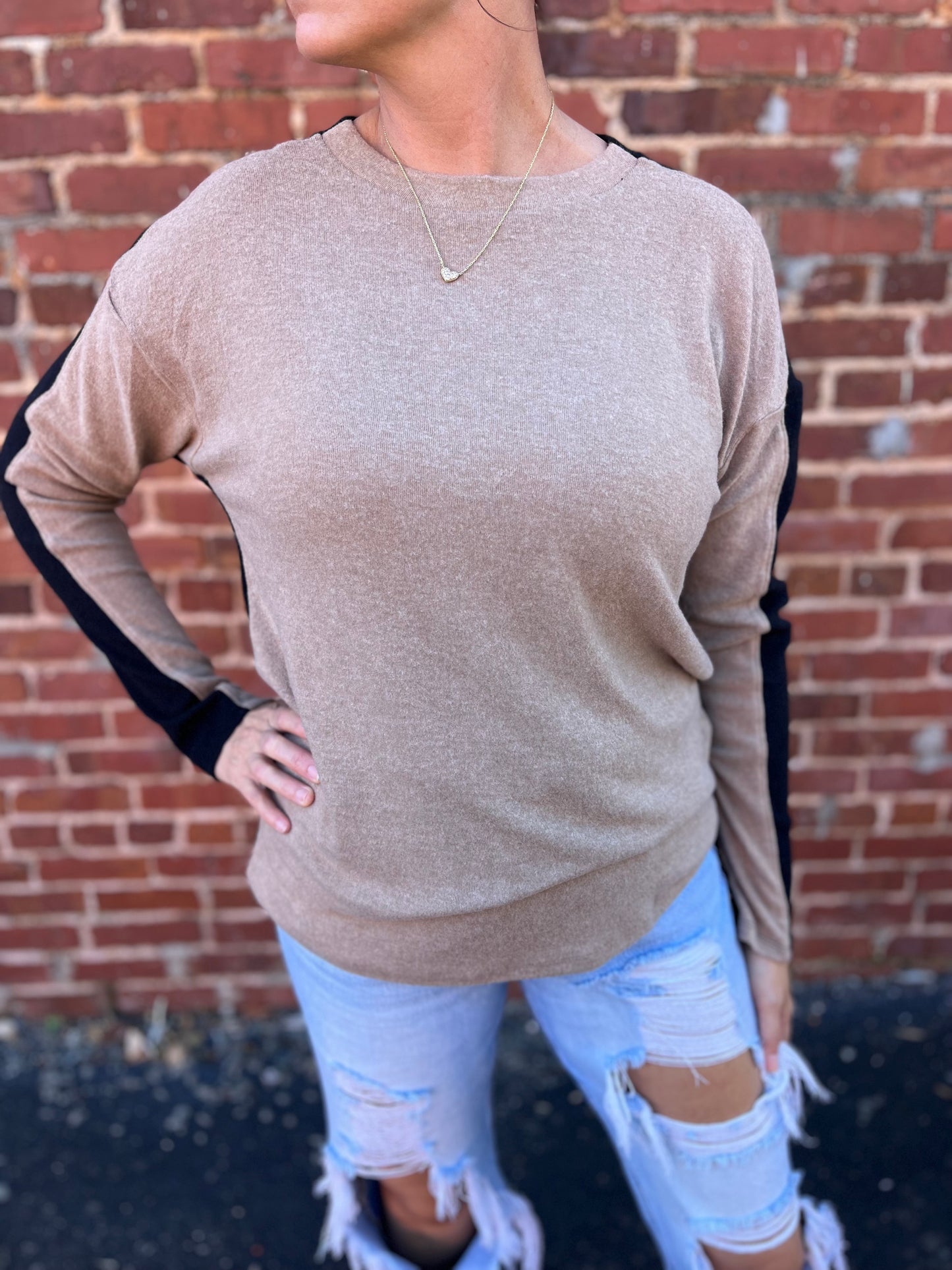 Soft Brushed Round Neck Long Sleeve Colorblock Top