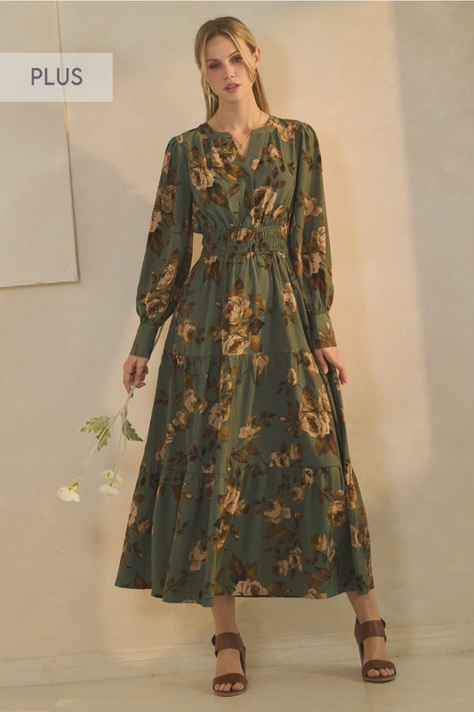 PLUS Oddi Deep Sage Floral Tiered Maxi Dress