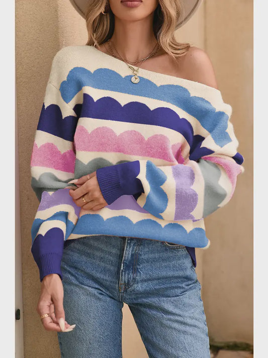 Wave Striped Balloon Sleeve Drop Shoulder Sweater