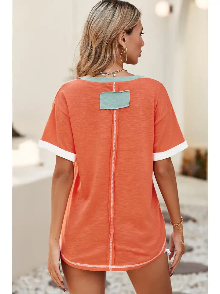 Ldc Contrast Trim Exposed Seam V Neck T-Shirt Orange, Missy