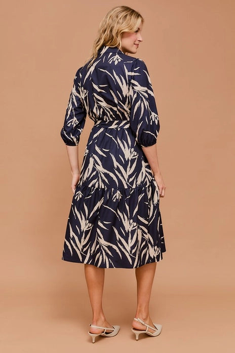 Navy Abstract Print Dress with Tie Waist