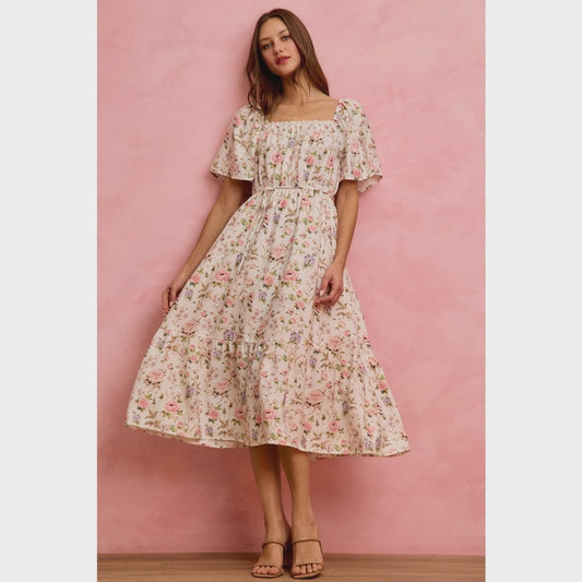 Textured Floral Print Flutter Sleeves Midi Dress