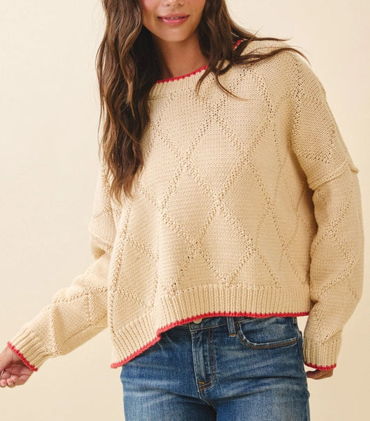 Oatmeal Diamond Knit Pullover Sweater