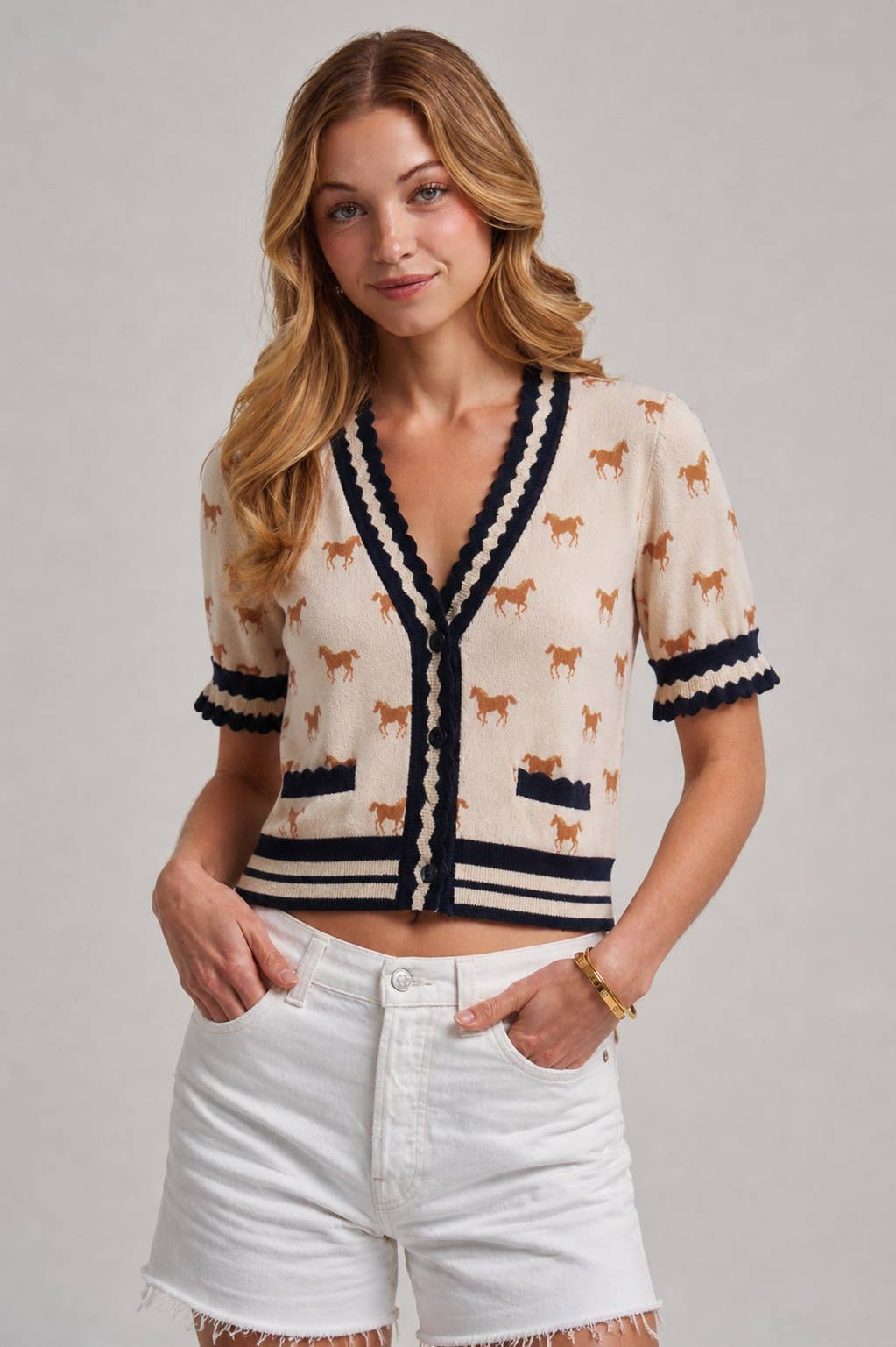 BON Horse Print Short Sleeve Knit Cardigan