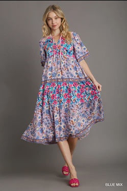 Umgee Floral Print Maxi Dress with Ruffle Trim Neckline