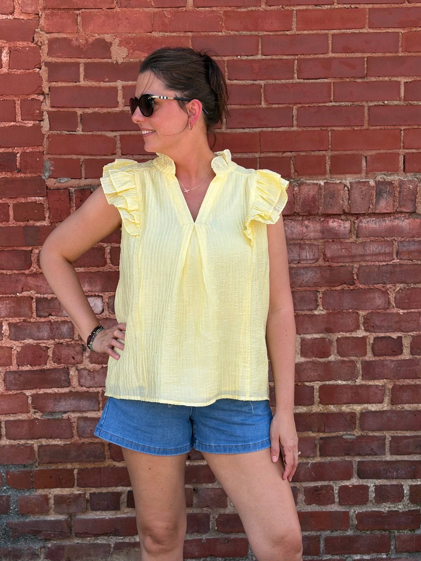 Umgee Ice Lemon Textured Ruffle Sleeve Top – V-Neck Flowy Blouse